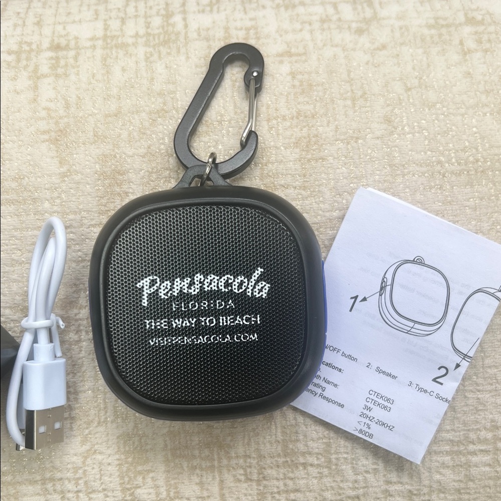 Pensacola, Florida Black Portable Bluetooth Speaker w Carabiner 2 1/2”x 2 1/2”